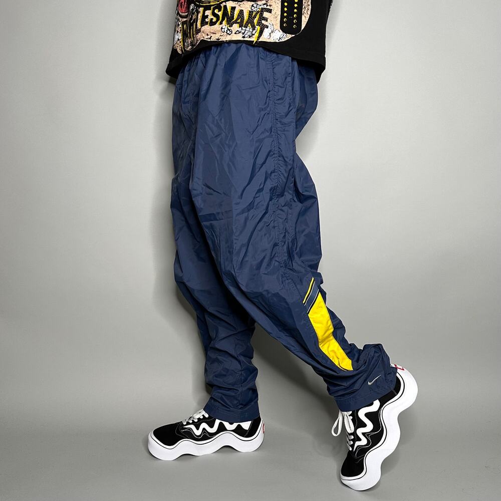 Vintage 90s Nike Track Pants Mens M Navy Blue Nylon Yellow Grey Ankle Swoosh